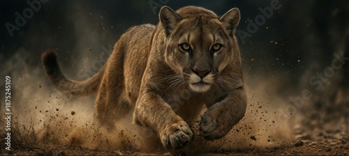 powerful cougar charging forward through dirt and dust in wild nature.