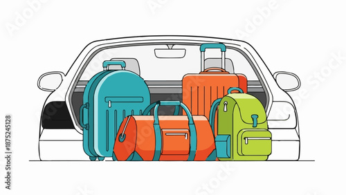 A car's open trunk is filled with colorful luggage and bags for a journey
