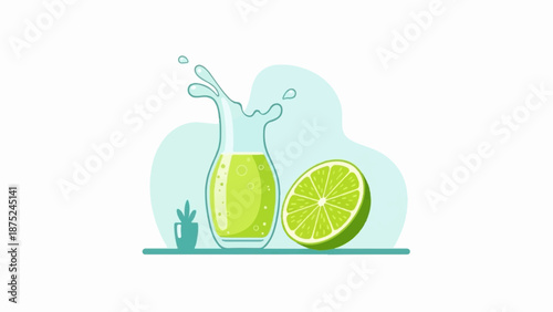 A carafe of refreshing lime juice with a lime slice and a small plant