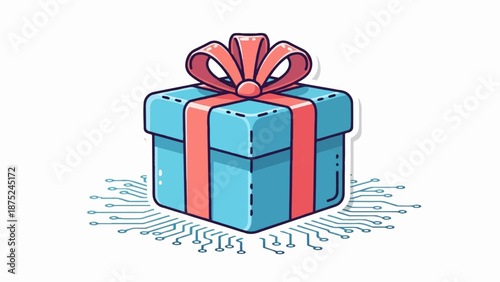 A blue gift box with a red ribbon sits atop a circuit board