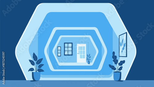 A blue hexagonal hallway with plants, windows, and a door