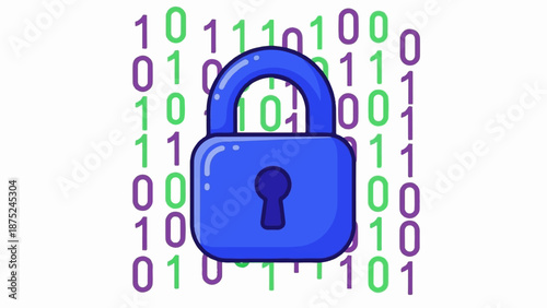 A blue padlock is centered against a background of binary code in purple and green