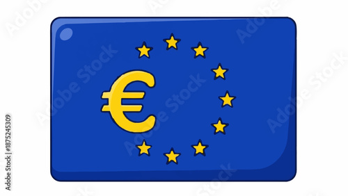 A blue rectangle with a yellow euro symbol and yellow stars forming a circle