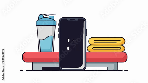 A blue shaker bottle and a stack of yellow towels flank a dark smartphone on a red and grey platform
