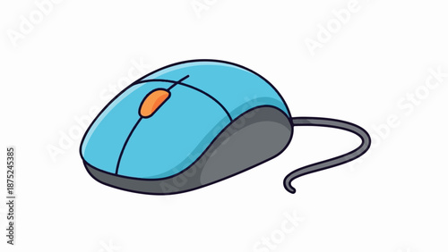 A cartoon blue computer mouse with an orange button and a gray wire