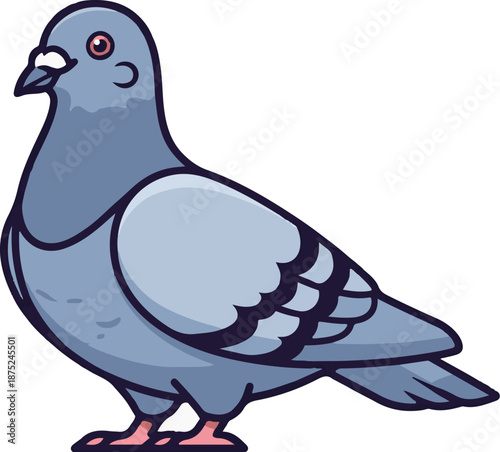 A blue-gray bird stands facing left, with a white beak and pink feet