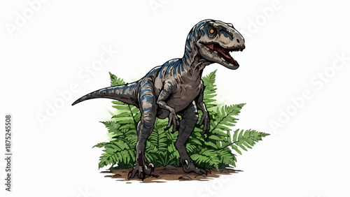 A blue-striped dinosaur stands among lush green ferns, its mouth open