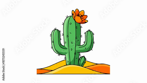 A cartoon cactus with an orange bloom stands in sandy desert dunes under a white sky