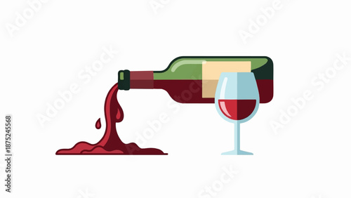 A bottle of red wine is tilted, pouring liquid into a glass