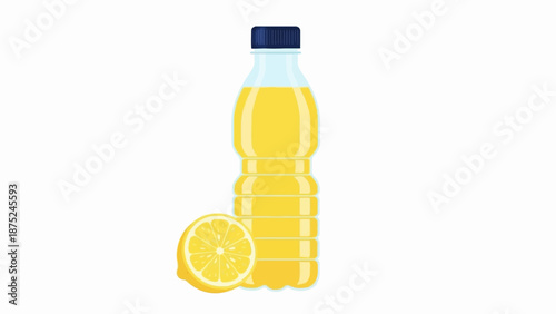 A bottle of yellow liquid beside a lemon slice
