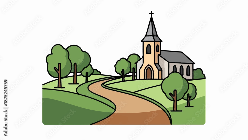 Naklejka premium A charming, simple illustration of a rural scene with a church, trees, and a winding path