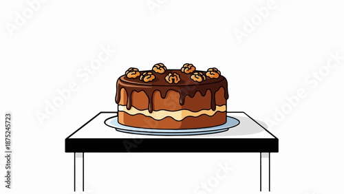 A cartoon chocolate cake with creamy layers, topped with nuts and drizzled with ganache