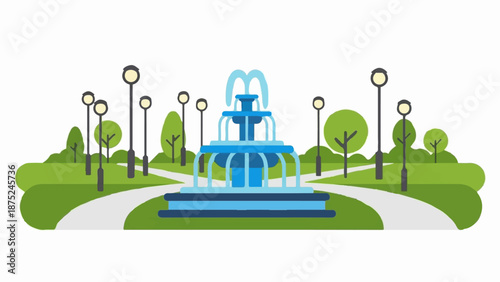 A charming park scene with a central tiered fountain and flanking lampposts, set amidst lush greenery