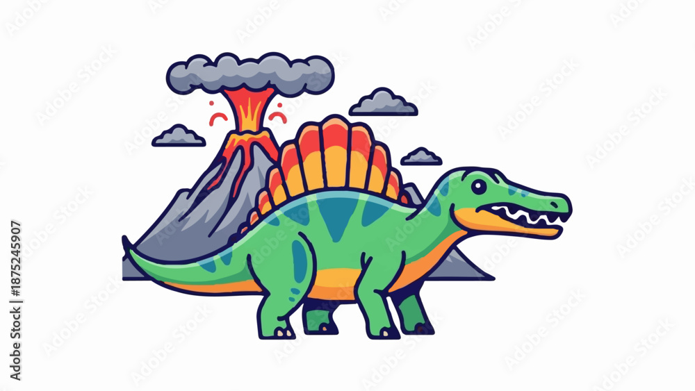 Obraz premium A cartoon dinosaur with a colorful sail on its back stands before an erupting volcano