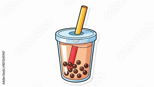 A cartoon drawing of a bubble tea with a straw and boba pearls