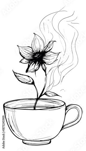 Hand drawn line art illustration of a flower growing from a teacup depicting steam rising for relaxation and natural drinks