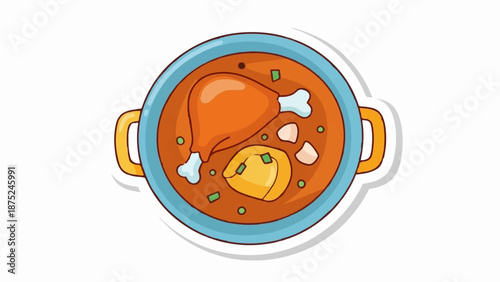 A cartoonish depiction of a steaming bowl of hearty stew with chicken, egg, and greens