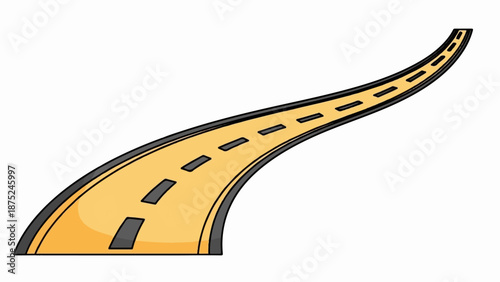 A cartoonish, curving, yellow road with dashed gray lines