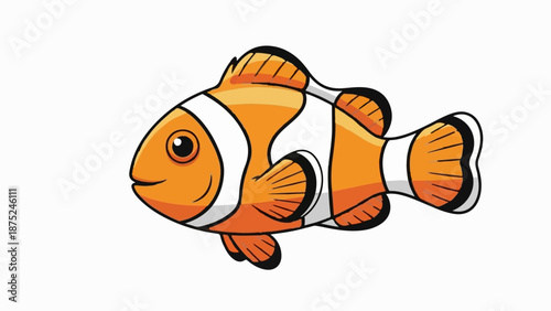 A cartoonish orange and white striped clownfish swims to the left against a white background