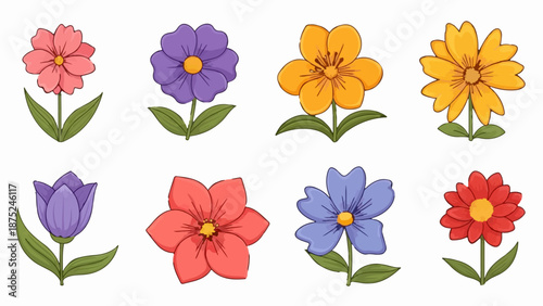 A collection of eight vibrant, hand-drawn flowers in various colors and shapes on a white background