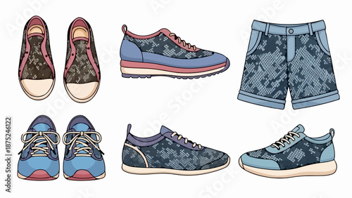 A collection of fashionable footwear and denim shorts featuring a stylish snake-skin pattern