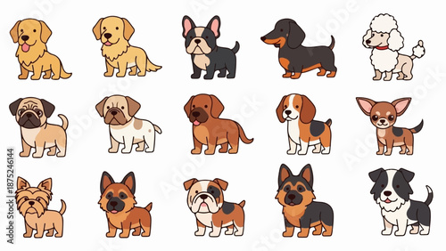A collection of fifteen unique cartoon dogs, each with distinct breeds and appearances, rendered in a charming pixel art style