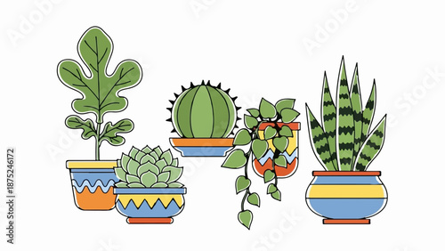A collection of five colorful potted houseplants, including succulents, a cactus, and leafy varieties