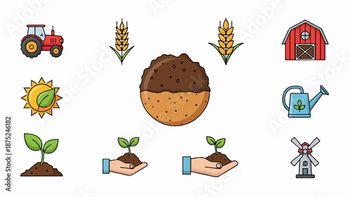 A collection of flat cartoon illustrations depicting farm elements and growth