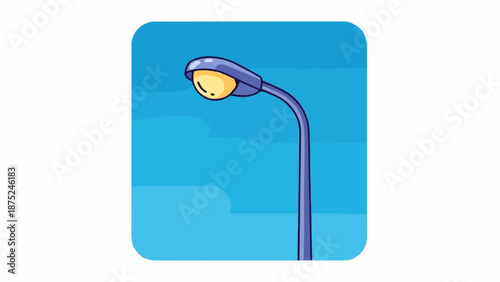 A cartoonish purple street lamp with a yellow glow, against a bright blue sky background with cloud shapes