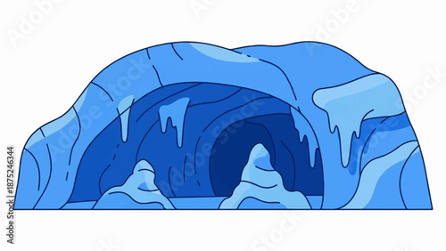 A cartoon-like icy cave with dripping icicles and rocky interior