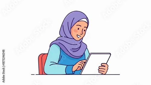 A cheerful individual wearing a purple hijab and blue attire uses a tablet device while seated