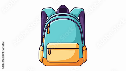 A cartoon-style aqua and yellow backpack with purple straps and zippers, isolated on a white background