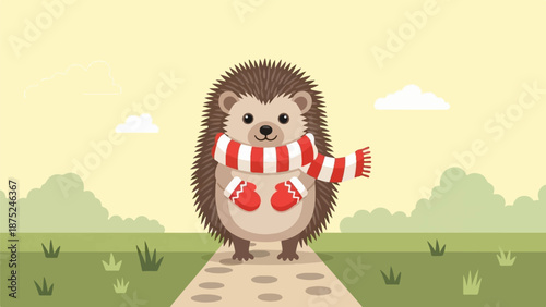 A cheerful hedgehog stands on a path, wearing a striped scarf and red mittens against a pastel sky