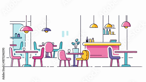 A cheerful, minimalist illustration of a cafe interior with colorful tables, chairs, and a bar