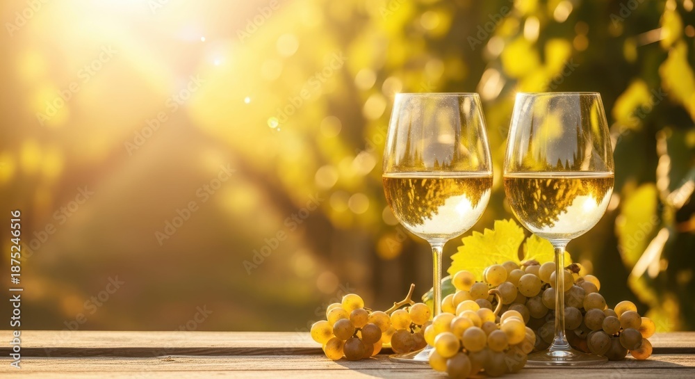 Fototapeta premium Golden Hour Wine: Two glasses of crisp, golden wine sit in a sun-drenched vineyard, beside a bunch of freshly picked grapes, creating an inviting scene of relaxed enjoyment and simple pleasures.