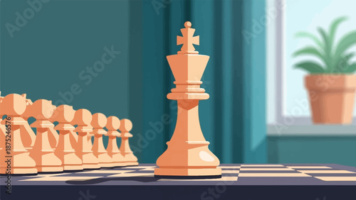 A chess king stands tall before a line of pawns on a checkered board