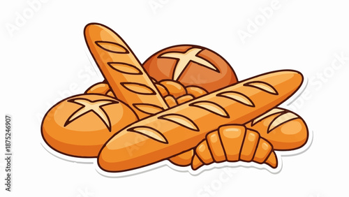 A colorful assortment of baked goods including loaves, rolls, and croissants