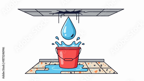 A cracked ceiling drips water into a red bucket on a tiled floor, creating a puddle