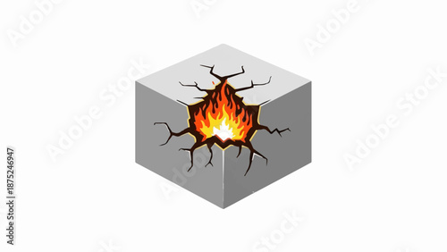 A cracked cube revealing bright flames bursting forth