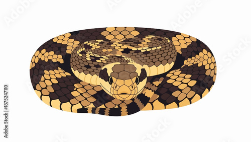A close-up illustration of a coiled rattlesnake with a distinct diamond pattern
