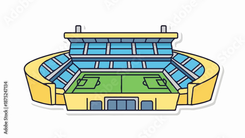 A colorful cartoon illustration of a soccer stadium with green turf, blue seats, and yellow exterior