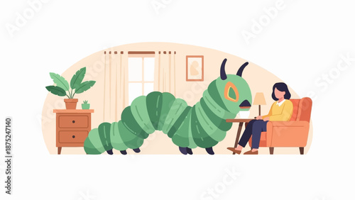 A giant caterpillar visits a woman indoors, sharing a moment over drinks