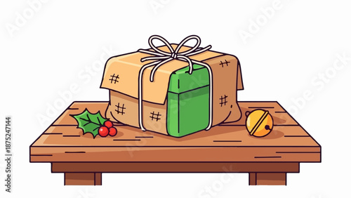 A gift wrapped in brown paper, tied with string, sits on a wooden table with holly and a bell
