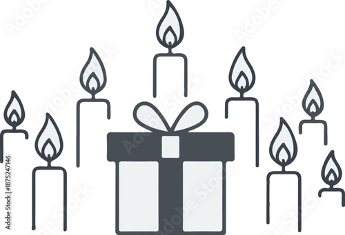 A gift box surrounded by lit candles in a festive arrangement