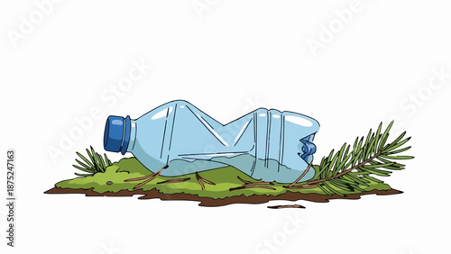 A crumpled plastic bottle lies on mossy ground, with pine needles nearby