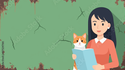 A girl and her cat share a book, set against a cracked, textured wall