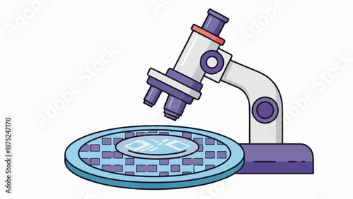 A colorful cartoon microscope is positioned above a petri dish with abstract geometric patterns