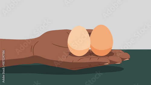 A cupped hand holds two oval shaped eggs against a light grey and dark green background