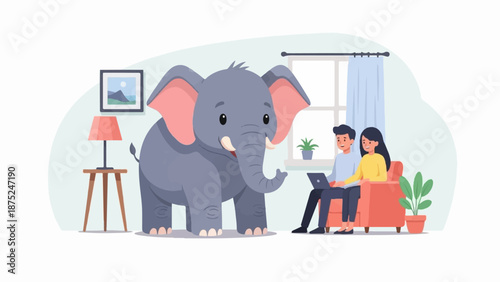 A large, friendly elephant stands indoors next to a couple using a laptop on a sofa