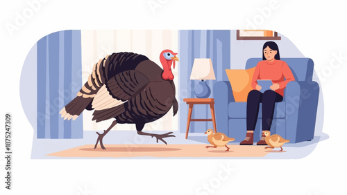A large turkey and small chicks roam an indoor room where a person sits in a chair